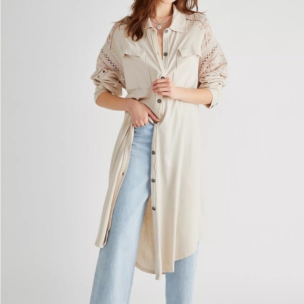 Free People Arctic Circle Crochet-Sleeve Knit Maxi Jacket XS